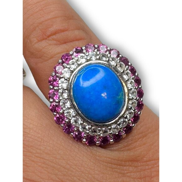 Sterling Silver Pink Tourmaline White Spinel Lapis Ring Size 6.25 - Picture 8 of 14